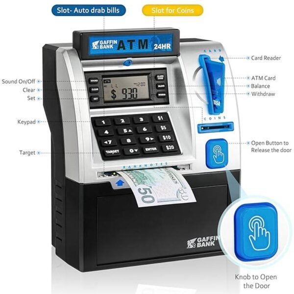 Talgic Kids Piggy Bank ATM Toy, a fun, interactive way to teach kids about money savings. With a realistic ATM keypad, password security, and the ability to save both coins and bills, it??s perfect for birthdays, holidays, TALGICKEV - Image 3